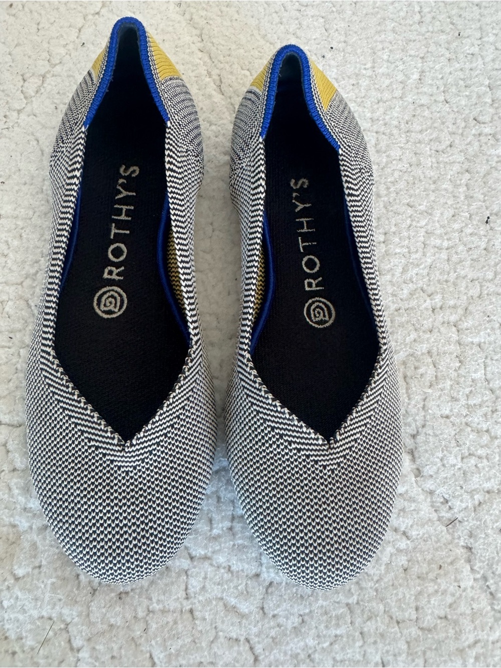 Rothy's Black & White Knit Flats with Yellow Heel Accent
